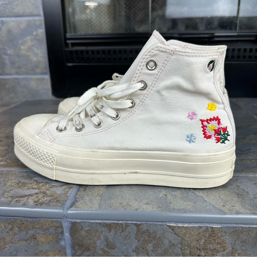 Converse White Platform High-Top Sneakers Festival Floral Embroidery - Picture 3 of 7